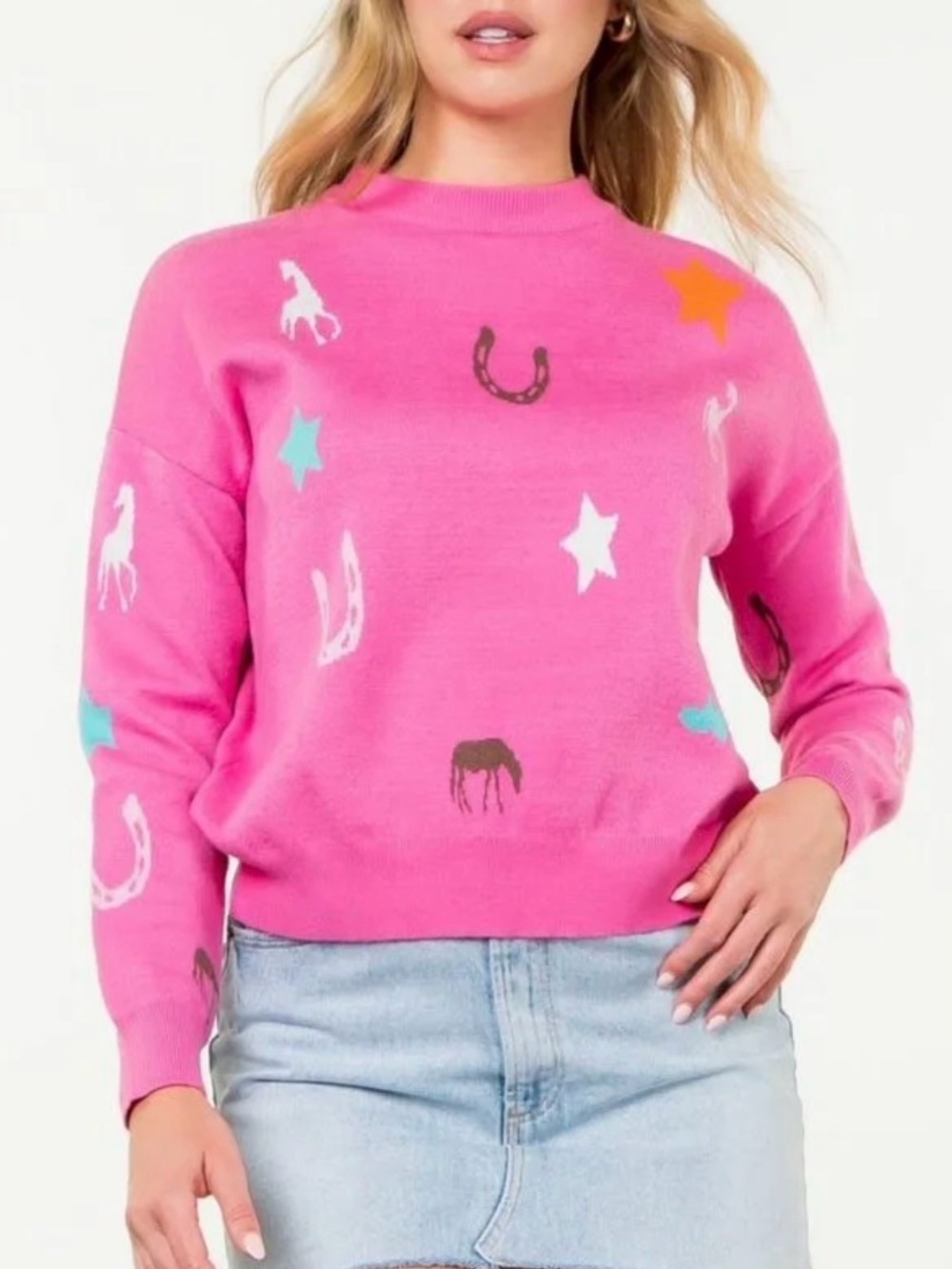 THML Barn Days Long Sleeve Knit Crew Neck In Pink MEDIUM